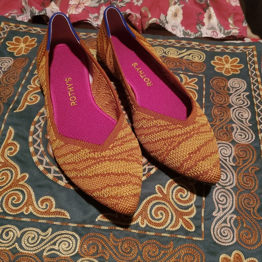 Rothy's Gold Knit Pointed Toe Flats with Pink Insole
